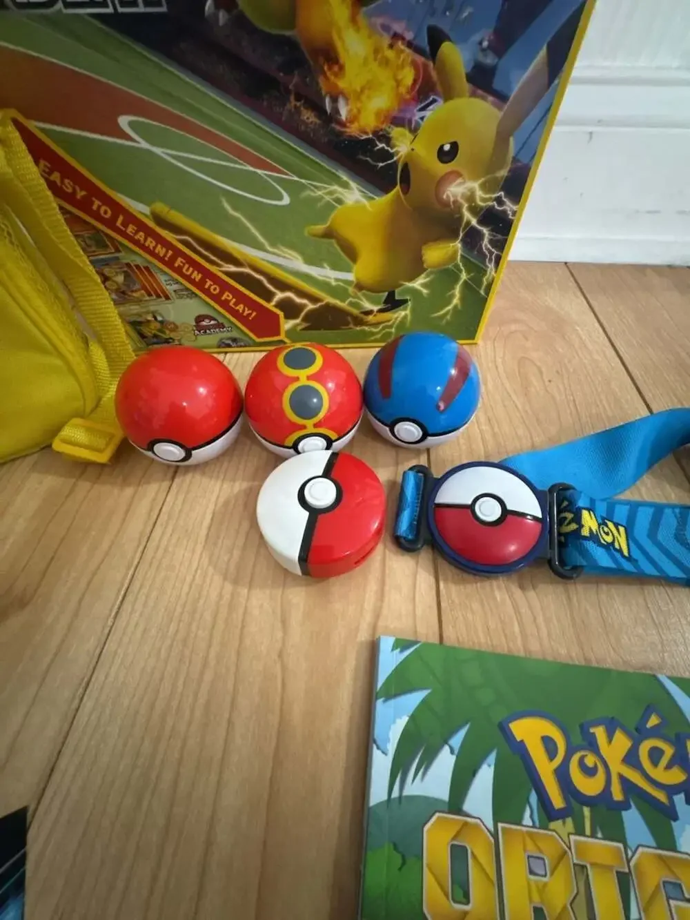 Pokémon BUNDLE Battle Academy Board Game with Pikachu Bag, Tin, and Accessories
